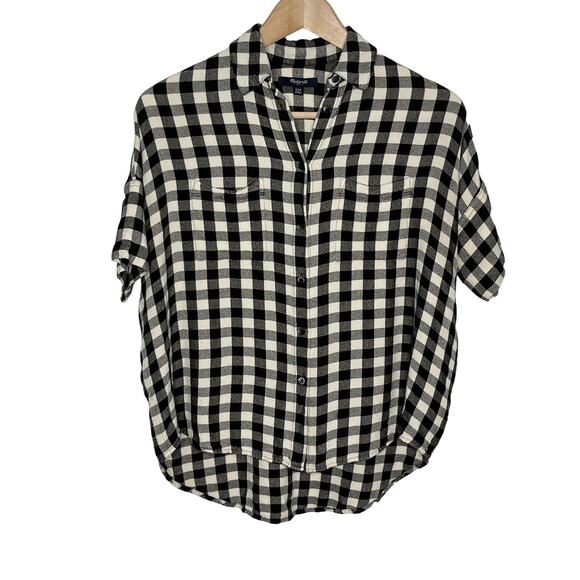 Madewell Womens Flannel Courier Shirt XXS Black Cream Check V Neck Short Sleeve - Picture 1 of 9